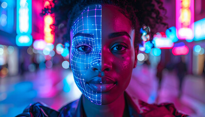 Person taking selfie with one half of face showing digital hologram grid and other half natural skin illuminated by neon lights in urban night setting