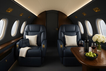 Fototapeta premium Luxurious Private Jet Interior with Wine and Flowers