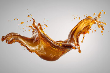 Splash of root beer liquid forming dynamic shape in mid-air, high-speed photography, transparent background, perfect droplet detail, amber liquid with perfect lighting