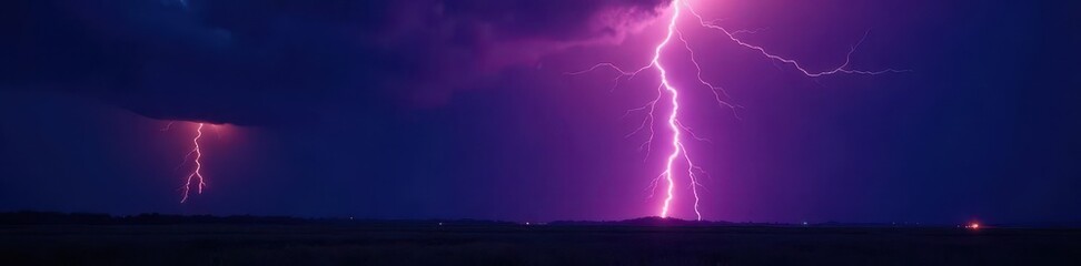 Isolated electrical storm; vibrant lightning bolts illuminate dark plain, fierce, dynamic, energy