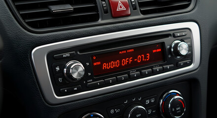Fototapeta premium Car Dashboard Interior Displaying Radio with Black Silver Trim and Red Text Showing Audio Off 97.3