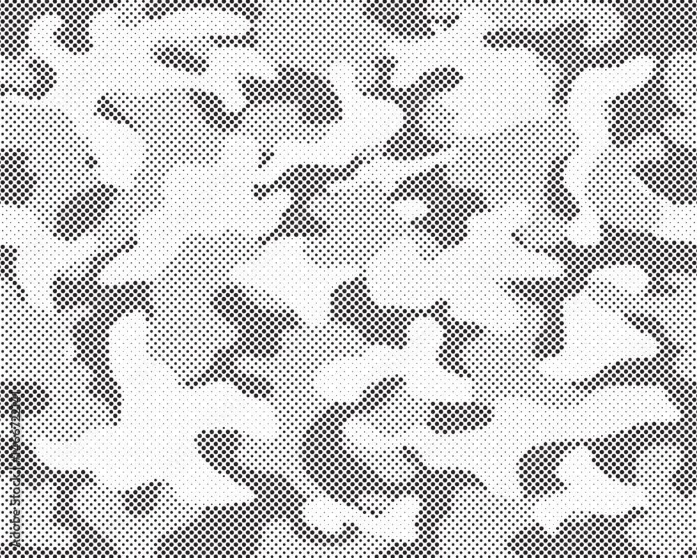 Poster Abstract halftone seamless camouflage pattern. Repeating digital dotted hexagonal camo military texture background. Abstract modern fabric textile ornament. Vector illustration.