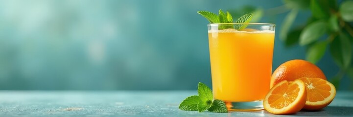 Refreshing glass of orange juice, mint garnish, glass, cool