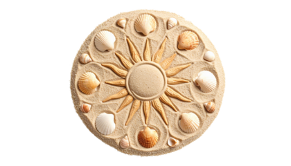 Intricately designed sun mandala created in sand, adorned with seashell accents, capturing the essence of coastal artistry and natural symmetry, isolated on a solid white background