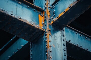 Close-up view of rusty steel beams intersecting.
