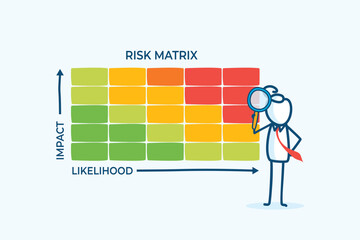 Illustration of a Stick Figure Businessman Analyzing a Colorful Risk Matrix for Impact and Likelihood Assessment in a Strategic Environment