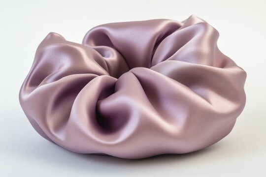 Close up studio shot of a lilac silk scrunchie on a white surface showing soft folds and smooth fabric for hair accessory trend - Powered by Adobe