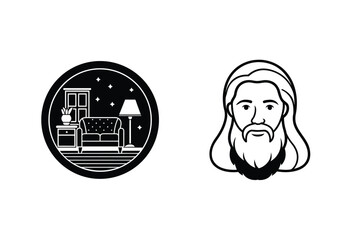 Black and white minimalist illustration depicting a cozy indoor scene and a portrait of a bearded man.