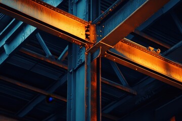 Intricate steel beams intersecting in a modern industrial structure.