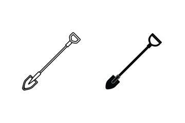 Two simple illustrations of a shovel in outline and solid black on white background
