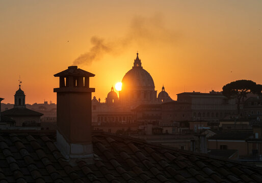 Sunset over Rome cityscape featuring St Peter's Basilica dome and chimney silhouette creating a scenic skyline view at dusk - Powered by Adobe