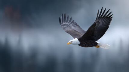 Obraz premium Majestic Bald Eagle Gliding Over Misty Scenic Forest Landscape in Flight