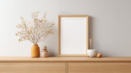 Wooden frame for photo mockup stands on light wood cabinet with dried flowers in vase, ceramic bowl, and minimalist decor in calm, neutral living room interior