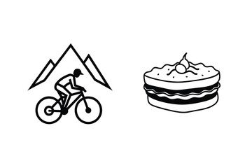 Black and white line drawing of mountain biking and delicious layered cake