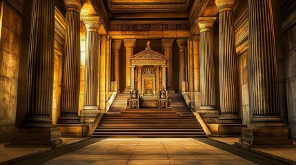 Obraz premium Majestic hall with an ornate throne atop broad stone steps, framed by colossal pillars, flickering light enhances the intricate carvings, wide composition showcases the grandeur 