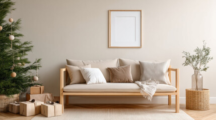 Frame for photo mockup in cozy living room with beige sofa, neutral cushions, indoor plant, and wrapped gifts creating warm inviting atmosphere for relaxation and celebration