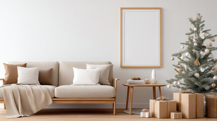 Modern living room with wooden frame for photo mockup above sofa, decorated Christmas tree and wrapped gifts create cozy festive atmosphere