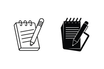 Simple black and white illustrations of a notepad and pen representing writing and note taking