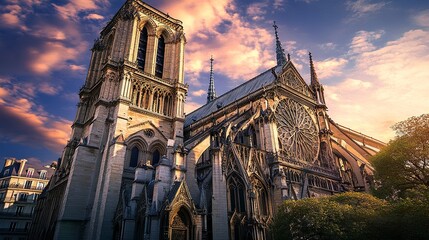 Fototapeta premium Majestic medieval cathedral bathed in sunset light, flying buttresses curve gracefully, stained glass windows shimmer with deep colors, cinematic wide shot emphasizes grandeur and warmth. 