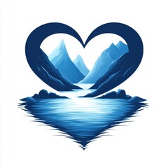 Heart-shaped mountain landscape reflection serene nature scene vibrant blue waters majestic peaks art creation