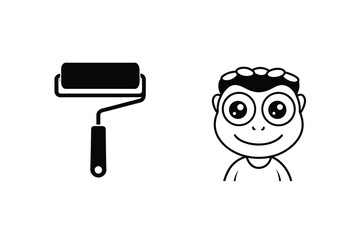 Black and white illustration of a paint roller next to a smiling cartoon face