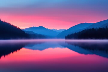 Fototapeta premium Dawn mist blanketing serene mountain lake reflecting vibrant hues