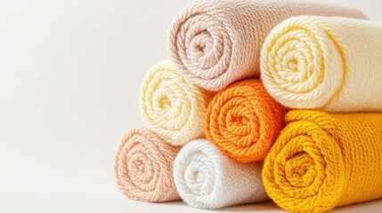 Stacked textile rolls in warm cream and yellow for aesthetic background use