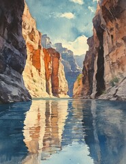 Majestic canyon river reflection grand canyon watercolor art natural landscape scenic view visual serenity