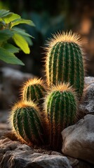 Obraz premium Serene golden-spined cacti growing among rocks in garden