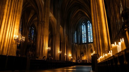 Medieval cathedral enveloped in dim light, towering pillars under soft candlelight, glowing stained glass windows scatter faint colors, spectral forms praying, wide-angle shot captures vastness. 