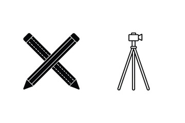 Creative process featuring pencil and camera tripod black and white icon illustration