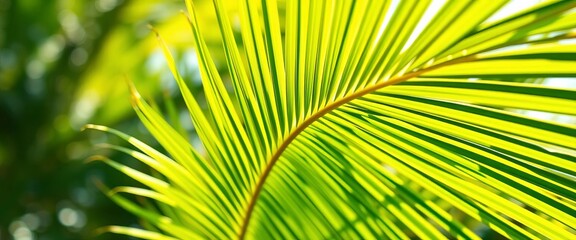 Obraz premium Single vibrant green palm frond elegantly curving in sunlit space, detail, high-resolution