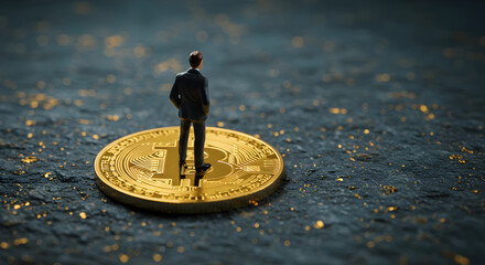 Conceptual Image of Miniature Businessman on Golden Bitcoin Investment Strategy on Textured Black Background