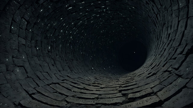 Inside deep dark stone well looking up