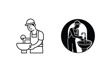 A plumber working with a faucet and washbasin in two distinctive black and white styles