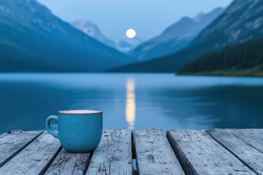 Blue mug resting on wooden dock with full moon reflecting on serene lake at twilight