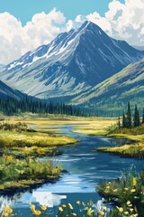 Majestic mountain landscape serene river nature scene vibrant environment wide-angle view tranquil beauty