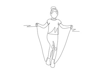 Girls play jumping rope. Kid jumps rope concept one-line drawing