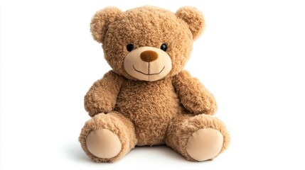 Plush teddy bear sits, cheerful