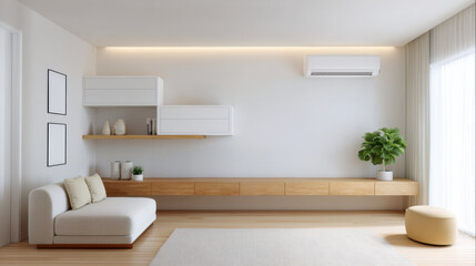 Modern living room with minimalist design featuring wooden tv cabinet, white wall mounted storage, cozy sofa, and potted plant for decor