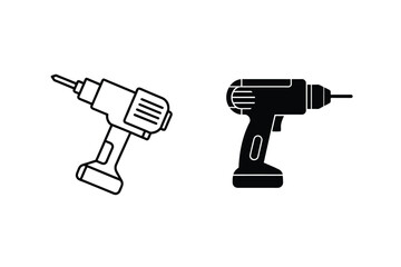 Black and white illustrations of cordless drills depicting construction and home improvement tools