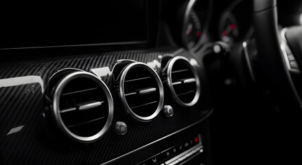 Detailed Car Interior featuring Circular Air Vents with Silver Trim and Carbon Fiber Dashboard in Low Key Lighting
