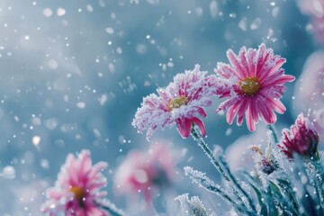 Frost-covered pink flowers bloom in a snowy winter landscape
