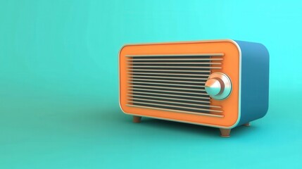 Fototapeta premium Retro Radio on Teal Background Still Life; vintage style, orange and blue, minimalist design, studio shot, nostalgic object