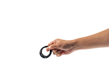 Black rubber band in hand isolated on transparent background