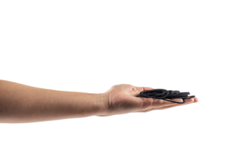 Black rubber band in hand isolated on transparent background