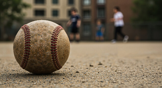 Weathered baseball resting on ground with children playing in background  