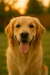 Happy golden retriever enjoying a sunset in a backyard with lush grass and warm light