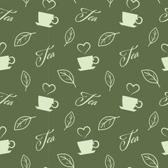 Dark Green Tea Cup Seamless Pattern with Leaves and Hearts