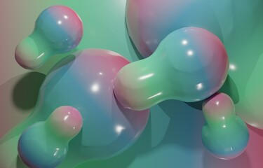 Surreal 3D abstract background featuring soft, glossy, organic blob shapes in pastel gradients of green, pink, and blue. Perfect for creative design, futuristic themes, or digital art concepts